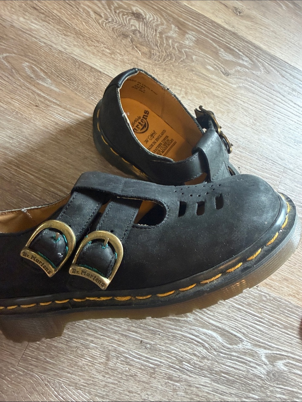 Dr. Martens Kids Black Double-Buckle T-Strap Shoes with Yellow Stitching